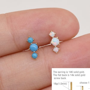 14k Solid Gold Turquoise Climber Earring Tiny Triple Stones Internally Threaded Cartilage Earring Opal Conch Stud Tragus Helix Stud Earring