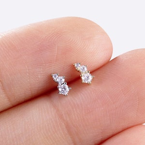 14k Solid Gold White Gold Three CZ Stone Ear Climbers, Cluster Stud Earring, Helix Stud, Conch Earring, Tragus Piercing, Flat Back Earring