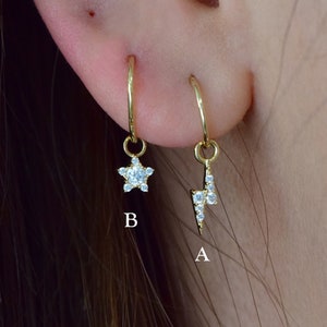 14K Solid Gold Dangle Lightning Bolt Huggie Charm Starburst Huggie Charm Helix Daith Hoop Charm Tragus Rook Hoop Charm Star Belly Ring Charm