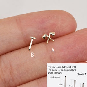 14k Solid Gold Axe Cartilage Earring Push Back In Tragus Piercing Minimalist Helix Piercing Tiny Hammer Conch Stud Flat back earring 20g