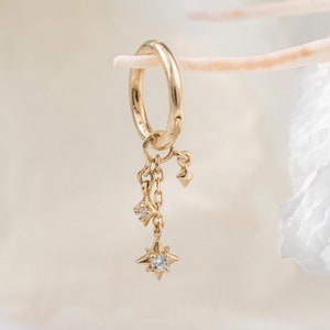 14K Solid Gold Dangle Star Chain Charm Triple Star Chain Charm Tragus Chain Piercing Helix Hoop Charm Cartilage Chain Charm Rook Hoop Charm