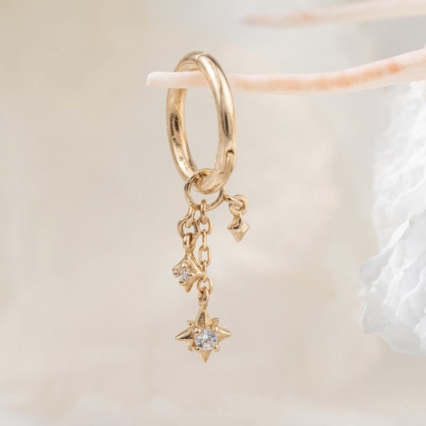 14K Solid Gold Dangle Star Chain Charm Triple Star Chain Charm Tragus Chain Piercing Helix Hoop Charm Cartilage Chain Charm Rook Hoop Charm