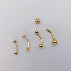 14Kソリッドゴールドのへそリング、ルークピアス、眉毛ピアス、へそリング、ラウンドシェイプ、2つのボール、スレッドカーブバーベルピアス