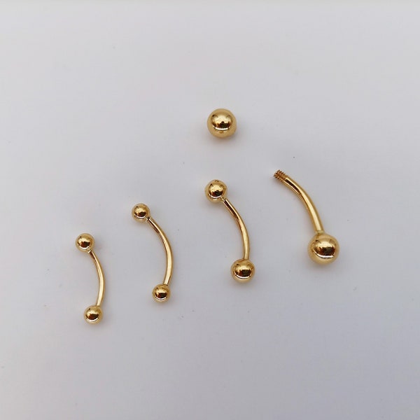 14k Solid Gold Belly Button Ring Rook Piercing Eyebrow Piercing Navel Ring Round Shape Two Balls Threaded Curved Barbell Piercing