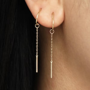 14k Solid Gold Dangle Chain Bar Charm Dangle Hoop Accessory Helix Conch Clicker Charm Huggie Hoop Drop Attachment Threader Earring Charm