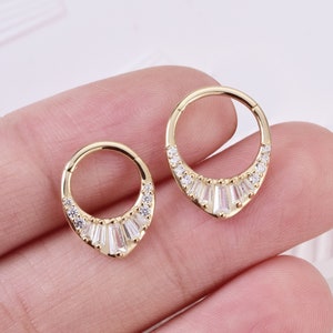 14k Solid Gold Tiara Shaped Seamless Hinged Septum Clicker Ring Prism CZ Clicker Gold Helix Earring Segment Nose Ring Gold Daith Hoop