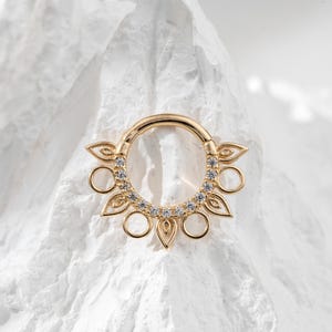 14K Solid Gold Pave Sparkling CZ Septum Ring Lotus Flower Daith Hoop Clicker Cartilage Hoop Ring Septum Nose Ring Gift for her 16g 8mm