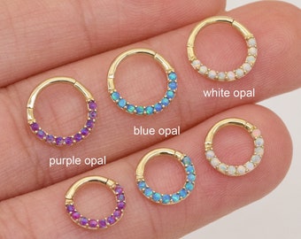 14k Solid Gold Opal Septum Ring Helix Earring Conch Hoop Tragus Cartilage Ring Daith Hoop White/Purple/Blue Opal Nose Hoop 16g 6~10mm