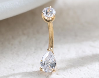 14k Solid Gold Teardrop Belly Button Ring Navel Piercing Two Stones Externally Threaded Navel Ring Barbell Belly Piercing Jewelry