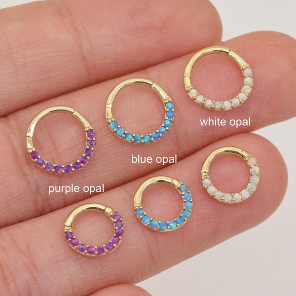 14k Solid Gold Opal Septum Ring Helix Earring Conch Hoop Tragus Cartilage Ring Daith Hoop White/Purple/Blue Opal Nose Hoop 16g 6~10mm