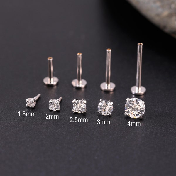 Piercing per cartilagine con diamante solitario in oro bianco massiccio 14k, filettatura interna, elica, moissanite in oro, vite, parte posteriore piatta, trago, chiusura a pressione