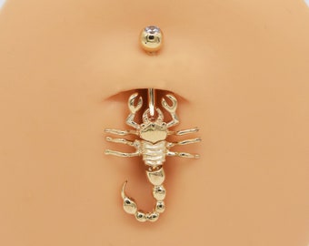 14k Solid Gold Scorpion Belly Button Ring Navel Piercing Round stones Threaded navel Ring Barbell Belly Jewelry