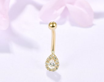 14k Solid Gold Tear Drop Belly Button Ring Navel Piercing Pear Shape Stone Threaded Navel Belly Ring Barbell Piercing Jewelry 14g