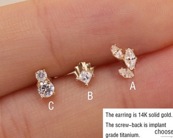 14k Solid Gold Geometric Stud Earring Tiny Clear Stone Stud Cartilage Stud Conch Earring Helix Stud Tragus Stud Labret Stud Flat Back