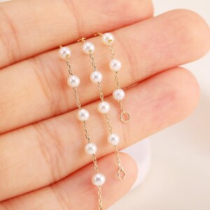 Brinco de corrente pendente com pérolas de água doce em ouro maciço 14K, acessório com pingente de corrente pendente, acessório com corrente de pérolas, piercing com conector de corrente