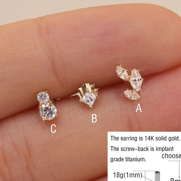 14k Solid Gold Geometric Stud Earring Tiny Clear Stone Stud Cartilage Stud Conch Earring Helix Stud Tragus Stud Labret Stud Flat Back