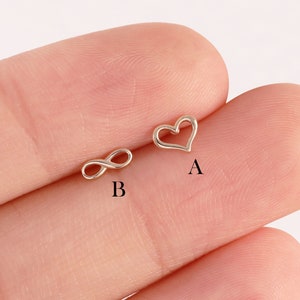 14K Sold Gold Endless Love Earring, Mismatched Tiny Studs, Heart Cartilage Piercing, Helix Stud, Tragus Conch Earring, Flat Back Earring