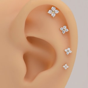 14k Solid gold Minimalist Dainty 4 CZ Flower Shaped Stud Earring multiple sizes dainty flower cartilage helix threadless push in back