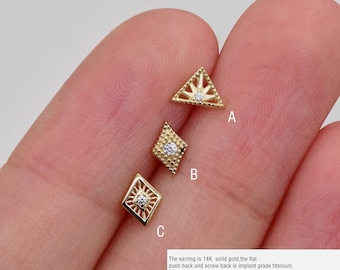 14k Solid Gold Rhombus & Triangle Diamond Stud Earring Internally Threaded Gemstone Stud Cartilage Conch Helix Stud Tragus Flat Back Earring
