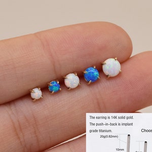 14k Solid Gold Opal Stud Earring Dainty Cartilage Stud White Opal/Blue Opal Conch Earring Helix Tragus Stud Nose Stud Lucky earring