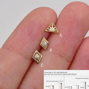 14k Solid Gold Geometric Rhombus Square Stud Earring Internally Threaded Triangle Stud Cartilage Conch Helix Stud Tragus Flat Back Earring