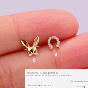 14K Solid Gold Horseshoe Stud Earring Bunny Rabbit Internally threaded Earring U shape Helix Stud Conch Tragus Earring Screw Back Earring