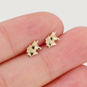 14K Solid Gold Unicorn Stud Earring, Minimalist Tragus Piercing, Gold Helix Stud, Conch Earring, Threadless Push In Labret, Unicorn Jewelry