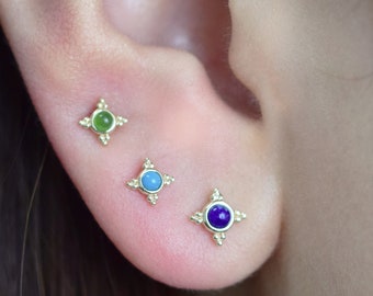 14k Solid Gold Natural Stone Cartilage Stud Earring Sleeping Beauty Turquoise/Green Jasper/Lapis Conch Helix Tragus Labret Stud Push in Back