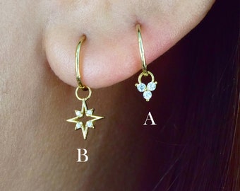 14K Solid Gold Dangle Star Earring Hoop Charm Daith Helix Hoop Charm Star Cartilage Huggie Charm Tragus Hoop Charm Flower Belly Ring Charm