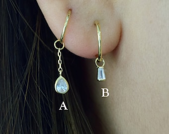 14K Solid Gold Teardrop Rook Hoop Charm Dangle Chain Charm Earring Belly Ring Charm Conch Helix Cartilage Charm Dangle Trapezoid CZ Charm