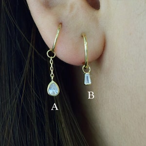 14K Solid Gold Teardrop Rook Hoop Charm Baguette Lobe Earring Charm Cartilage Earring Charm Dainty Necklace Pendant Dangle Helix Hoop Charm