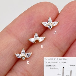 14k solid Gold Lotus Ohrstecker Zierliche klare Stein Knorpel Gestüt Blume Conch Helix Tragus Gestüt Labret Gestüt fadenlose Gestüt Druck in zurück