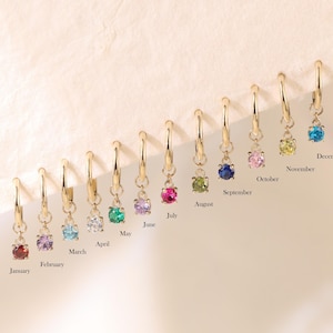 Pingente de argola com pedra de nascimento redonda em ouro maciço 14K, pingente de argola com pedra de nascimento, pingente de argola de torre dourada, pingente de argola personalizado, presente de aniversário