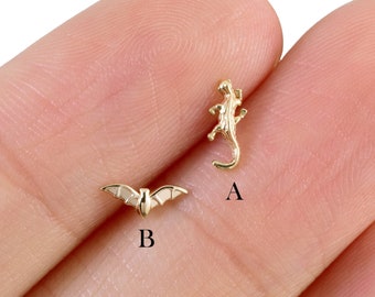 14K Solid Gold Bat Piercing Minimalist Tragus Piercing Tiny Cute Bat Cartilage Earring Gecko Lizard Flat Back Labret Stud Gold Helix Stud