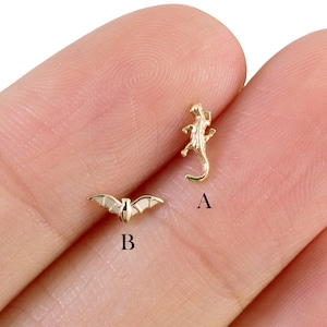Orecchino a forma di cartilagine di pipistrello in oro massiccio 14 carati, orecchino a forma di elica di geco, orecchino a forma di conchiglia di animale carino, orecchino a forma di labret senza filettatura, orecchino a forma di trago con parte posteriore piatta.