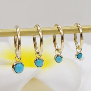 14K Solid Gold Natural Sleeping Beauty Turquoise Charm Cartilage Huggie Hoop Charm Daith Helix Tragus Rook Charm Dangle Earring Belly Charm