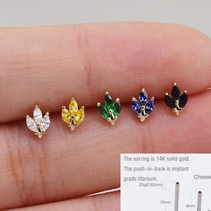 14k Solid Gold 3 Marquise CZ Flower Shaped Stud Earring Cartilage Stud Earring Helix Stud Tragus Stud 5 colors Available Push in Back