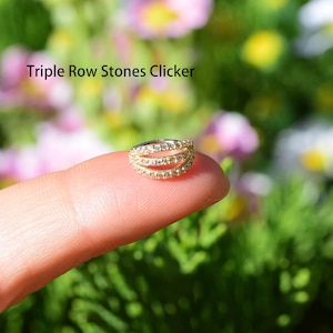 14k Solid Gold Triple Row Stones Nose Septum Ring Tragus Helix Cartilage Daith Conch Ring Piercing Jewelry 16g