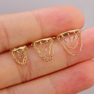 14K Solid Gold Triple Chain Dangle Hoop Earring Huggie Chain Clikcer Helix Chain Earring Hoop Gold Dangle Chain Hoop Minimalist Earring 16g