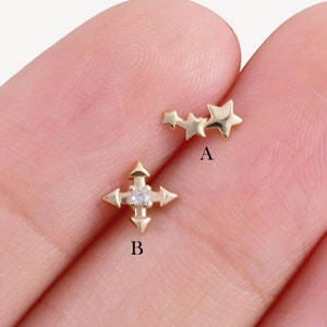 14K Solid Gold Star Ear Climber Cross Cartilage Earring Celestial Helix Stud 4-Pointed Cross Conch Earring Tragus Earring Flat Back Earring