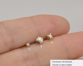 14k oro sólido Sunburst Stud Pendiente Dainty Star Cartílago Stud Tiny Conch Stud Helix Stud Tragus Studs Pendiente empujar hacia atrás Varios tamaños