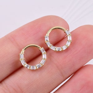 14K Solid Gold Baguette Septum Nose Ring, Gold Septum Piercing, Daith Hinge Hoop, Gold Helix Piercing, Rectangle Cartilage Hoop Clicker 16g