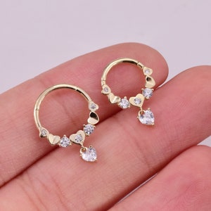 14k Solid Gold Heart Dangle Septum Ring Daith Earring Helix Hoop Gold Septum Clicker Septum Jewelry Septum Hinged Hoop Tragus Conch Hoop 16g