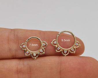 14k Solid Gold Flower Petal Beaded Effect Hinged Septum Clicker Daith Rook Ear Ring Flower Daith Hoop Ring Septum Ring Piercing  18g