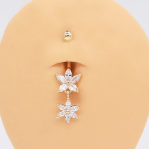 14k Solid Gold 14g 2 Dangle flower Belly Button Ring Navel Piercing Threaded navel Belly Ring Barbell Piercing Jewelry