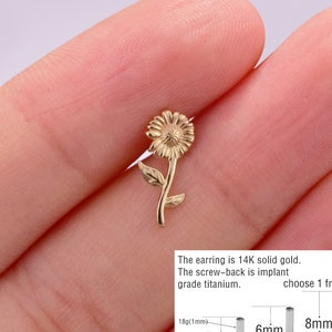 14k Solid Gold Sunflower Internally Threaded Cartilage Stud Conch Stud Sunflower Helix Stud Tragus Earring Labret Stud Flat Screw Back 18g