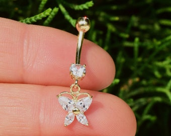 14k Solid Gold Dangle Butterfly Belly Button Ring, Gold Diamond