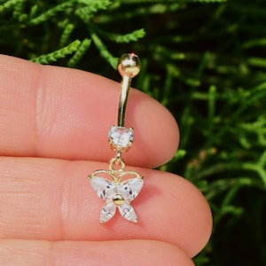 14k Solid Gold Dangle Butterfly Belly Button Ring, Gold Diamond Butterfly Belly Ring Navel Ring, Curved Barbell Gemstone Belly Piercing 14G