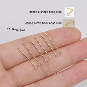 14k Solid Gold CZ Top Fish Tail Nose Ring DIY Nose Stud Classic Tiny Stone Nose Stud Sparkle CZ Gold Nose Pin 18g 20g Available to any shape