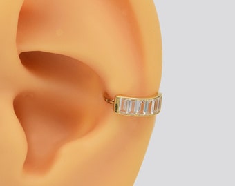 14k Solid Gold Baguette Septum Hoop Ring Daith Nose Ring Tragus Earring helix Hoop Cartilage Daith Huggie Clicker Conch Earring Hoop 16g